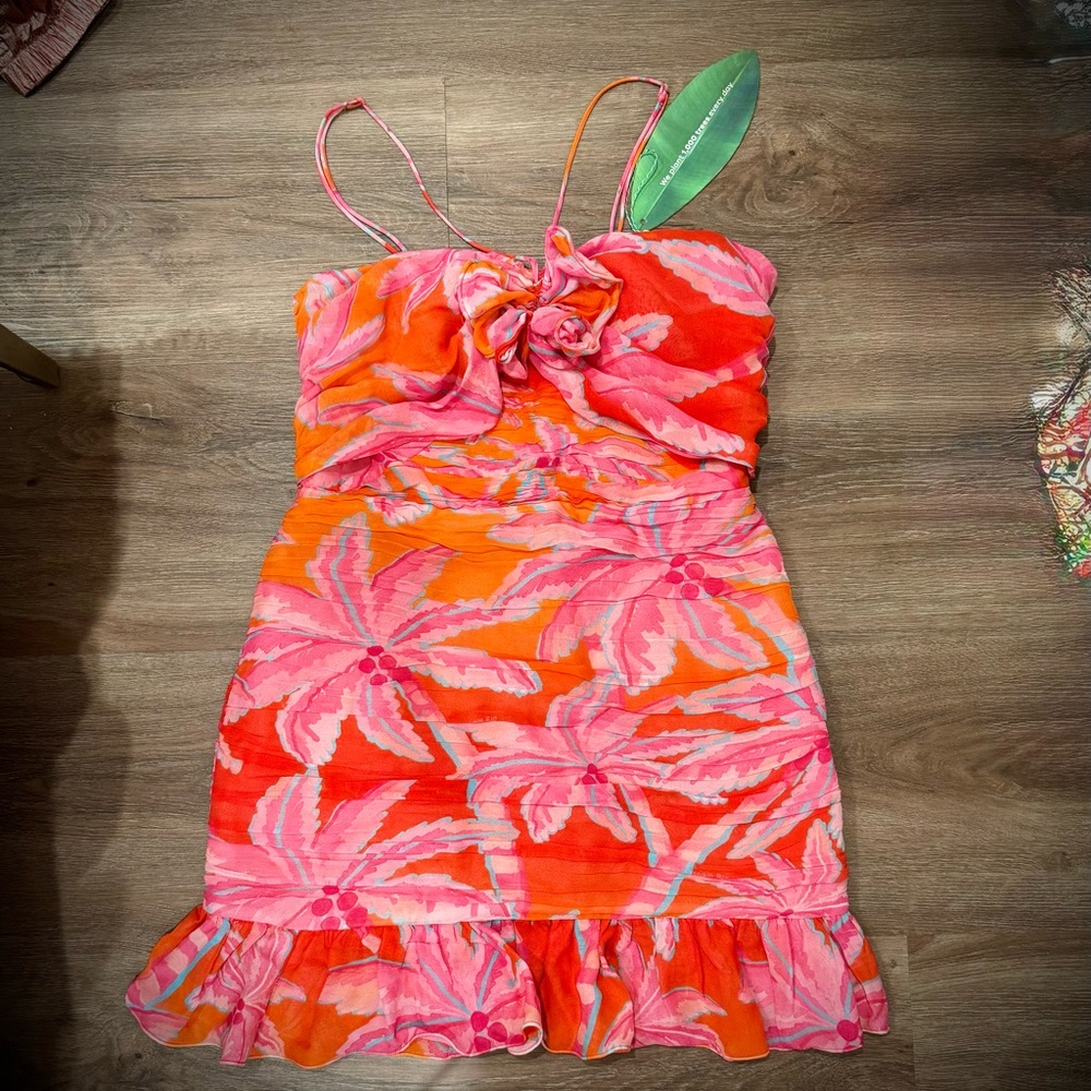 NWT FARM Rio Coconut Tree Mini Dress, Sz M; Vibrant Pink & Orange Floral Dress